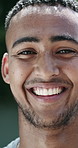 Training, face and man with smile, outdoor for cardio exercise, fitness and discipline. Athlete, happy person and confidence for workout progress, commitment and ready for morning health routine