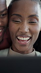 Laughing, couple and relax with tablet, home and bonding with partner on weekend, love or connection. Happy, black people and streaming funny video with tech, talking and watching comedy in house