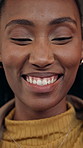 Thinking, laugh and woman in cafe with memory, funny thought and nostalgia with past joke. Happy, reflection or black person with positive daydream, humor mindset or comic relief in restaurant.