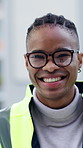 Face, construction and happy black man in city, building engineer and funny professional with glasses. Portrait, architect and person with eyewear, laughing and development on site for maintenance