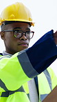 Architect, inspection or black man with clipboard on construction site for building safety or security. Male person, contractor or civil engineer pointing with hard hat for project planning or design