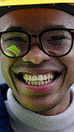 Face, construction and happy black man with glasses, building engineer and funny professional. Portrait, architect and person with eyewear, laughing and industrial development on site for maintenance