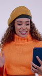 Phone, influencer or woman with video call in studio, online communication or vlogging for networking. Excited, mobile or happy person with drama for live stream, storytelling or white background