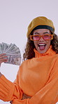 Happy, fan and woman with money, reward payout and giveaway offer in jackpot competition. Smile, sunglasses or female person with cash notes, contest prize or promotion campaign on studio background.
