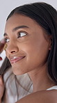 Beauty, grooming and hairbrush with woman in home bathroom for morning routine. Brushing, getting ready and haircare with person in apartment for benefits of conditioner or shampoo treatment