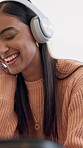Travel, headphones or Indian woman in house with baggage, groove dance or radio app with holiday packing. Happy, tech or person with luggage, feeling beat or music streaming in vacation preparation.