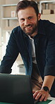 Logistics, face and man with laptop for online shop, supply chain or stock distribution in warehouse. Shipping, entrepreneur and person with smile in startup, ecommerce and export goods with tech