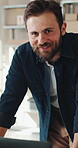 Logistics, face and man with laptop in small business, supply chain or stock distribution on website. Confident, entrepreneur and person with smile in startup, ecommerce and shipping goods with tech