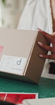 Logistics, hands and packing box in small business for client order, export package and delivery. Supply chain, woman and parcel preparation in warehouse for distribution, shipping or courier service
