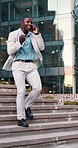 Phone call, celebration and black man in city for business, travel or walking with smile for work trip. Professional person, tech and good news with opportunity, chat and commute or interview success