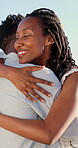 Couple, hug and bonding on holiday, love and travel with partner for anniversary celebration or date. Outdoor, black people and embrace with spouse on special event, happy and support on vacation