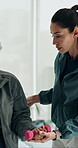 Dumbbell, physiotherapy and doctor with old woman in office for rehabilitation, support and recovery. Healing, physical therapy and healthcare consulting with senior person in clinic for muscle