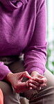 Mental health, group therapy or hands in office with worry, anxiety trigger or memory of trauma. Recovery, employee or person with depression, overthinking or emotional stress in counseling session.
