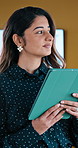 Tablet, typing and business woman for thinking, client portfolio and account broker in office. Reflection, networking and consultant with person and tech for contact, research or budget proposal