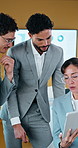 Tablet, conversation and business people for planning, client portfolio and account broker in office. Meeting, networking and consultant with team and tech for contact, research or budget proposal