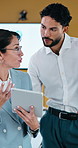Tablet, planning and business people for meeting, client portfolio and account broker in office. Conversation, networking and consultant with team and tech for contact, research or budget proposal