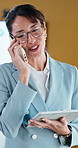Phone call, tablet and business woman for planning, client negotiation and account broker in office. Communication, networking and consultant with person and digital tech for contact, talk or advice
