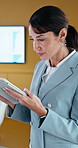 Tablet, typing and business woman for networking, client accounting and account broker in office. Reflection, planning and consultant with person and tech for contact, research or budget proposal