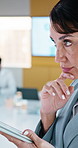 Tablet, typing and business woman for planning, client accounting and account broker in office. Reflection, networking and consultant with person and tech for contact, research or budget proposal