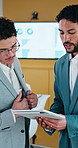 Tablet, graphs and business people for meeting, client portfolio and account broker in office. Conversation, networking and consultant with team and tech for contact, research or budget proposal