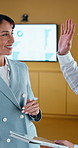Business, woman and high five in meeting with tablet, good news and email for finance funding. Smile, people and celebrate in office with digital, audit success and teamwork for financial achievement