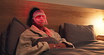 Red light, calm and woman with mask for skincare, beauty or wellness with collagen production. Relax, cosmetic and female person on bed with facial glow therapy for dermatology treatment in home.