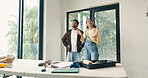 Couple, smile and ideas for home renovation, talk and planning for diy interior design in apartment. Happy people, discussion and brainstorming for decoration, relocation and creative in new house