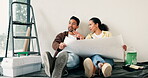 Couple, relax and talk at new house with blueprint, layout and information for interior design. People, equipment and document in home with floor plan, renovation and diy construction for remodeling