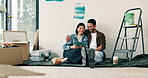 Couple, laugh and tablet in new home with renovation, joke or funny conversation for interior design. Happy, married people and planning in house with tech, remodeling project or humor for discussion