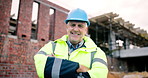 Face, engineer and man at construction site with confidence, development and protection hard hat. Smile, engineering inspector and mature person with arms crossed, safety helmet and career pride