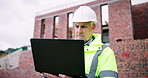 Planning, man and laptop on construction site for task brief, inspection or safety update. Infrastructure, research and mature engineer with tech, progress report or project coordination for feedback