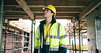 Construction, walk or man on site with evaluation, safety check or inspection in building project. Review, ppe or engineer with scaffolding, progress track or quality control in industrial compliance
