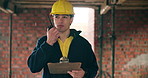 Construction, clipboard or man in building with radio, safety check or inspection update on site. Walk, rain or engineer with checklist, progress track or compliance review in feedback communication
