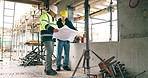 People, engineer and blueprint at site for construction, inspection and planning for architecture. Team, reading or document with sketch for building design, floor plan and information for renovation