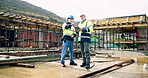 People, engineer and tablet at site for construction, inspection and planning for architecture. Team, pointing and tech with briefing for building design, collaboration and information for renovation