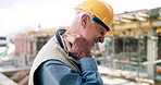Construction site, neck pain and mature man with injury, accident and tension for posture outdoor. Engineering, manager and person massage for muscle strain, pressure and fibromyalgia with arthritis