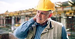 Construction, accident and mature man with neck pain, injury and medical crisis at building site. Engineering, contractor and person massage for muscle strain, pressure or fibromyalgia with arthritis