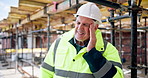 Mature, man and architect with headache on construction site for injury, accident or overworked. Frustrated, male person or contractor with migraine or stress for building mistake, strain or pressure