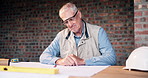 Mature, architect or happy man with blueprint on construction site for planning or building design. Male person, contractor or civil engineer with document or floor layout for PPE, safety or security