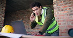 Man, laptop and phone call on construction site for architecture, inspection or update planning. Infrastructure, conversation and engineer with tech, report or project management for renovation