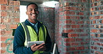 Tablet, man and face of construction worker on site for research on property development with building. Happy, digital technology and portrait of civil engineer with email for feedback on repairs.