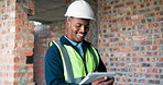 Black man, tablet and smile on construction site for inspection, task brief or safety update. Infrastructure, quality control and engineer with tech, report or project coordination for renovation