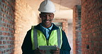 Black man, tablet and walk on construction site for inspection, task brief or safety update. Infrastructure, quality control and engineer with tech, report or project coordination for renovation