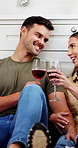 Relax, couple or cheers with red wine on kitchen floor for celebration, marriage milestone or talk. Support, happy people or drinks toast in home for relationship achievement, bonding or conversation