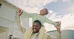 Child, home and flying with happy dad for outdoor fun, playing or bonding together in backyard. Kid, father and carrying daughter with smile on shoulder for aeroplane imagination or playful day