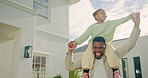 Kid, home and flying with happy dad for outdoor fun, playing or bonding together in backyard. Child, father and carrying daughter with smile on shoulder for childhood, imagination or playful day