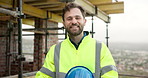 Construction, face and man with helmet on site for renovation project, PPE compliance or supervision. Hard hat, foreman and happy outdoor for building inspection, scaffolding safety or about us pride