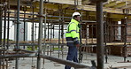 Man, engineer or phone call at scaffolding for discussion, compliance update or planning. Inspector, black person and tech on construction site for project feedback, talk or happy for quality control