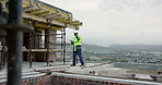 Construction, tablet or man with phone call on site for project status, building progress or talk. Foreman, black person or mobile chat with tech for renovation reporting, daily log update or explain