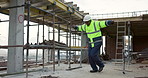 Construction site, engineer and black man dance for celebration, energy and project achievement. Architect, excited person and movement with rhythm, building development or architecture success